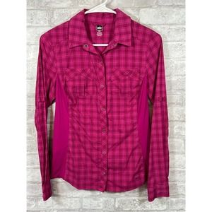 REI Women's Plaid Shirt Snap Front Stretch Side Panels Long Sleeve Pink Size XS